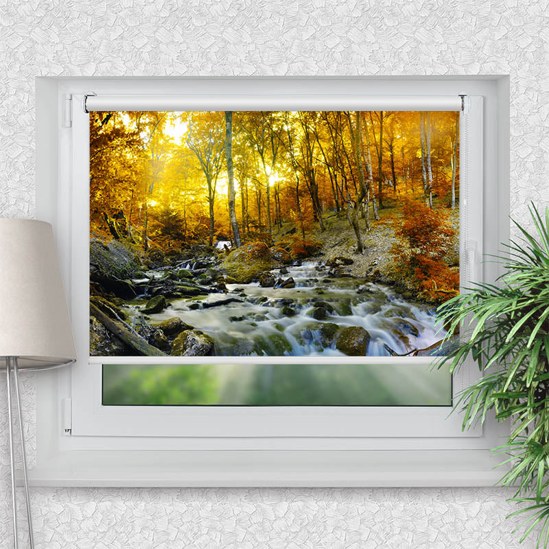 Rollo Motiv "Herbstwald Fluss" - ohne bohren - Klemmrollo bis 150 cm Breite - Klemmfix mit Fotodruck - blickdicht - La-Melle