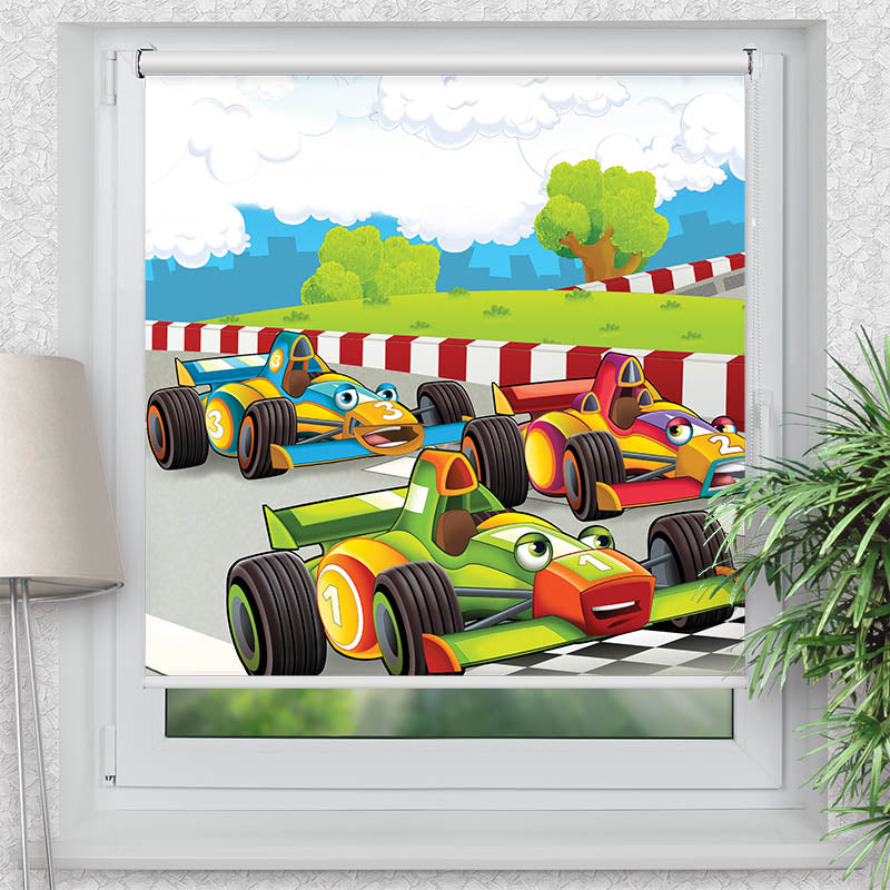 Rollo Motiv "Autorennen" - ohne bohren - Klemmrollo bis 150 cm Breite - Klemmfix mit Fotodruck - blickdicht - La-Melle