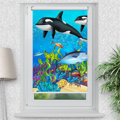 Rollo Motiv Orcas - ohne bohren - Klemmrollo bis 150 cm Breite - Klemmfix mit Fotodruck - blickdicht - La-Melle
