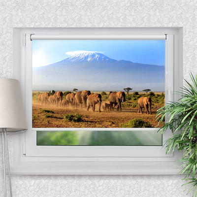 Rollo Motiv Elefanten am Kilimandscharo - ohne bohren - Klemmrollo bis 150 cm Breite - Klemmfix mit Fotodruck - blickdicht - La-Melle