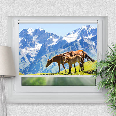 Rollo Motiv Pferde auf der Alm - ohne bohren - Klemmrollo bis 150 cm Breite - Klemmfix mit Fotodruck - blickdicht - La-Melle