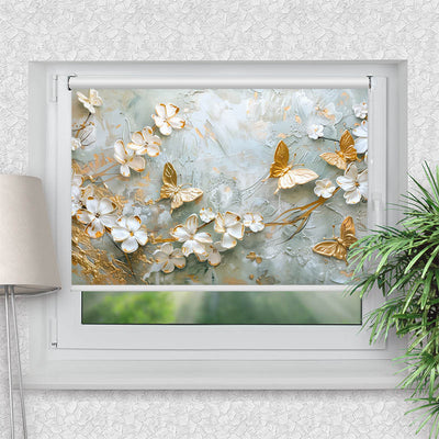 Klemmfix Rollo Blumen mit Schmetterlingen Weiss Gold