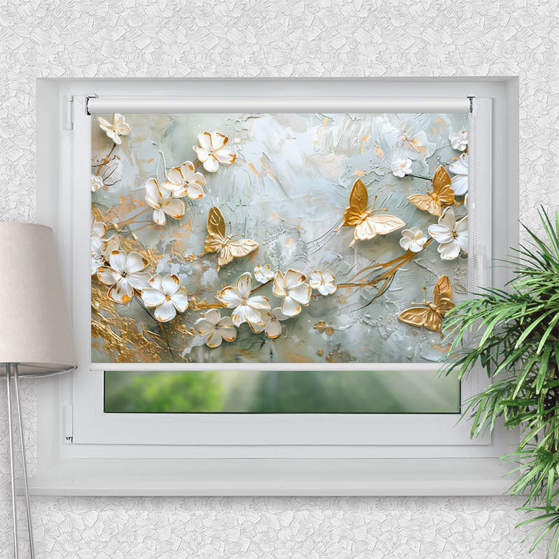 Klemmfix Rollo Blumen mit Schmetterlingen Weiss Gold