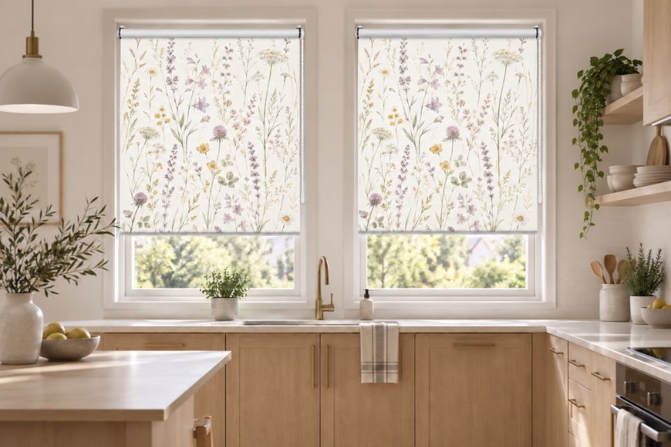 Zwei Klemmrollos mit Wildblumenwiese-Motiv in der Küche, ohne Bohren am Fenster montiert, gefertigt nach Maß von La-Melle