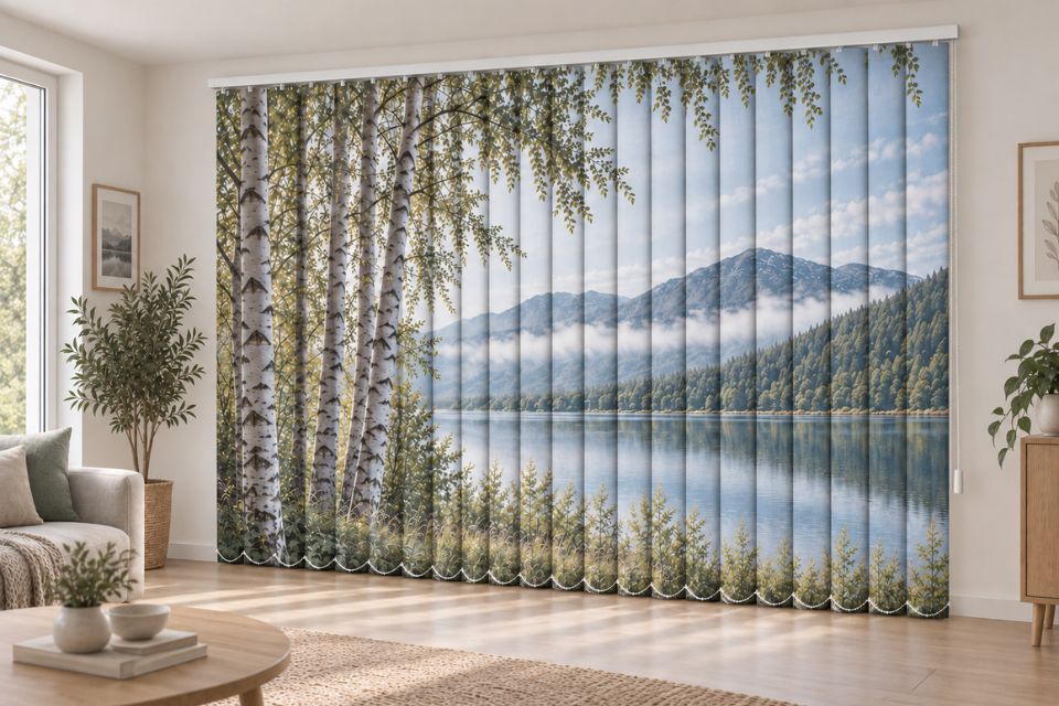 Lamellenvorhang mit Birken- und Bergsee-Motiv im Wohnzimmer, mit senkrechten Lamellen, gefertigt nach Maß von La-Melle
