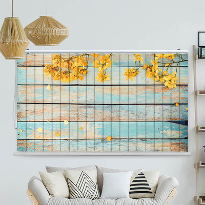 Lamellenvorhang Motiv Gelbe Blueten auf Vintage Holz