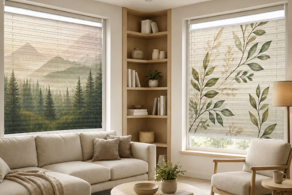Zwei Plissees mit individuellem Motiv im Wohnzimmer – links mit Berglandschaft, rechts mit grünem Blätterzweig, gefertigt nach Maß von La-Melle