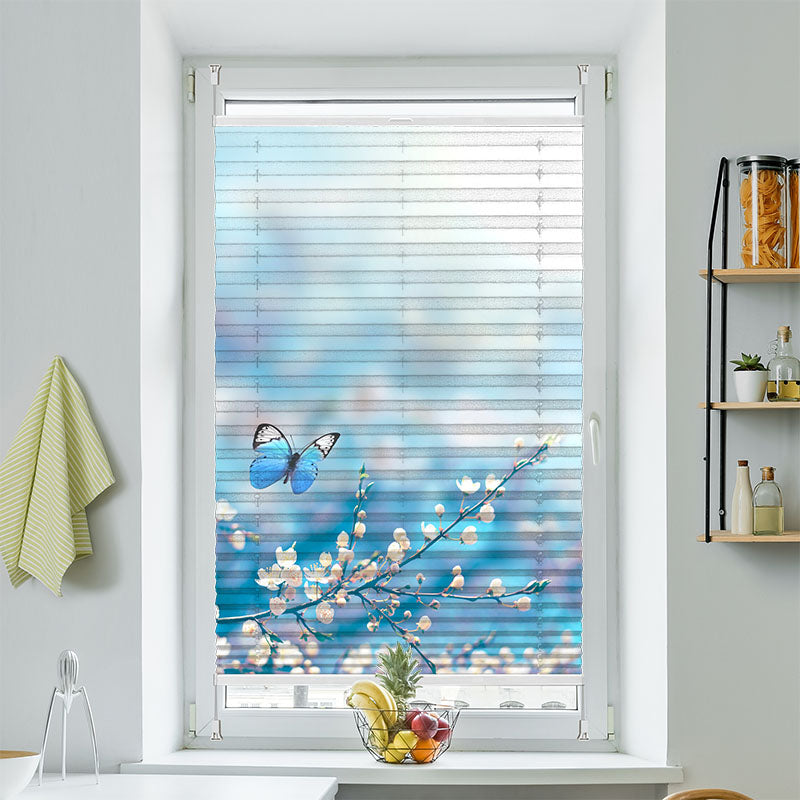 Plisse Motiv Blaue Schmetterlinge Kirschblüten