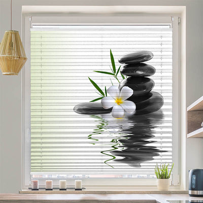 Plissee Motiv Frangipani Steinturm Wasser