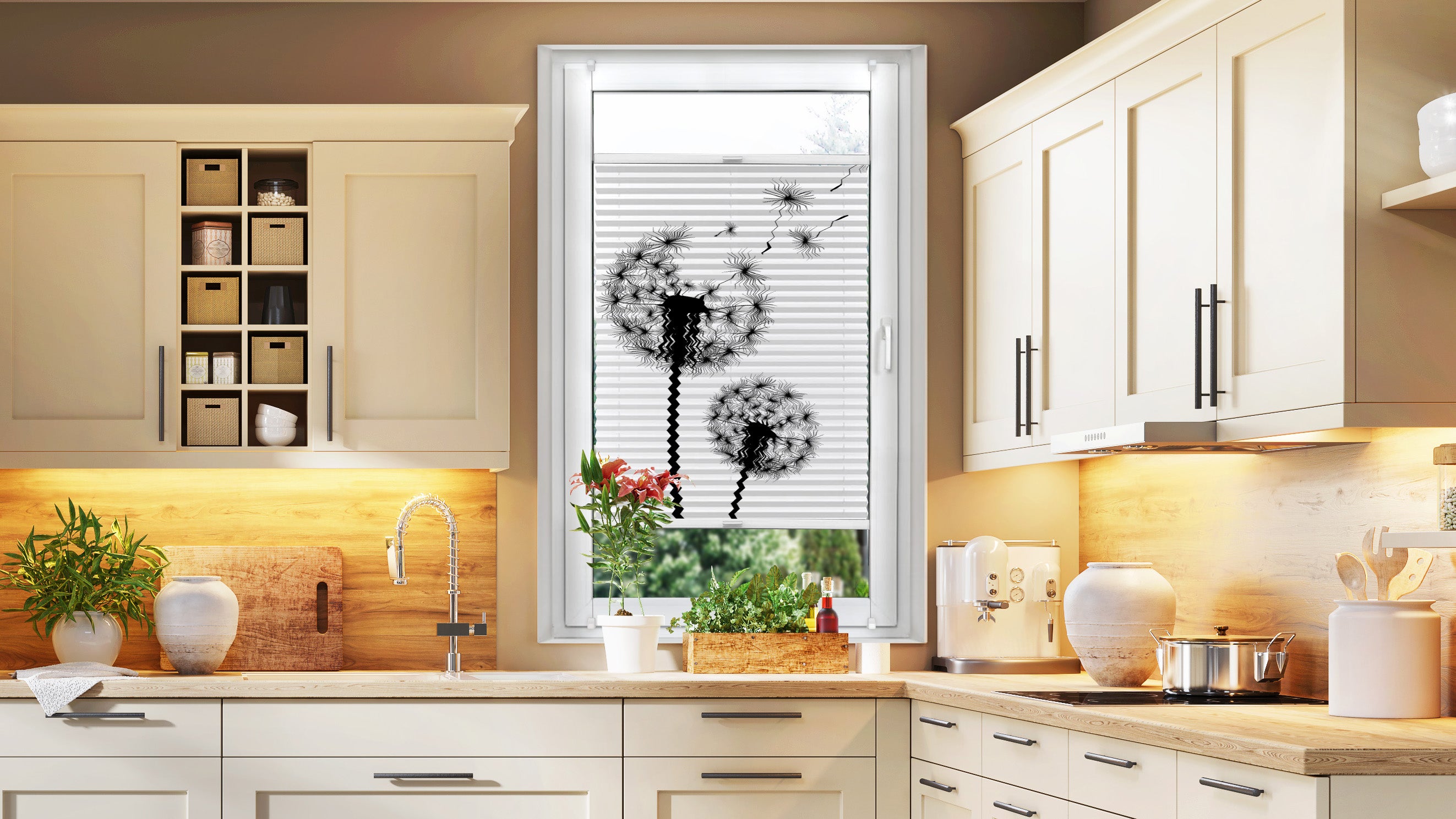 Plissee an Küchenfenster mit Pusteblumenmotiv als Grafik