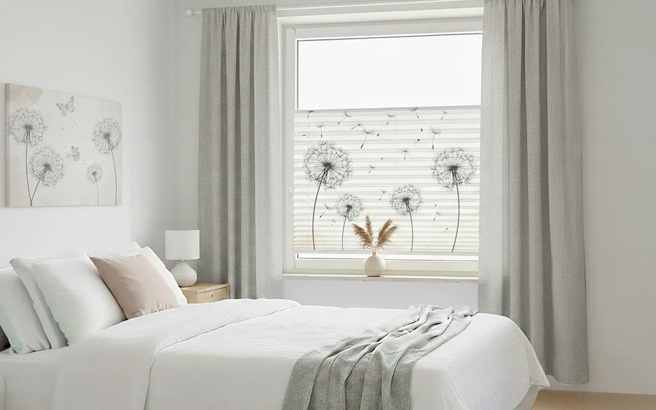 Pusteblumen auf einem Plissee im Schlafzimmer