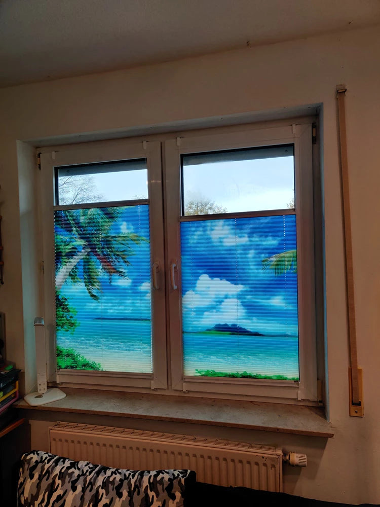 Plissee am Fenster mit Motiv aus der Südsee, Plissees ergeben gemeinsam ein Bild