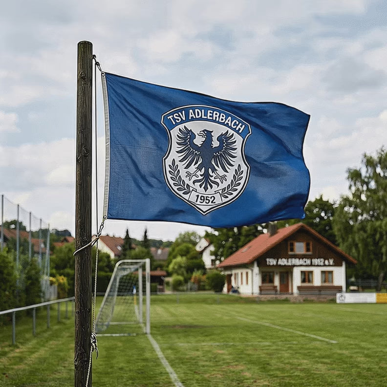 Football ground with blue club flag