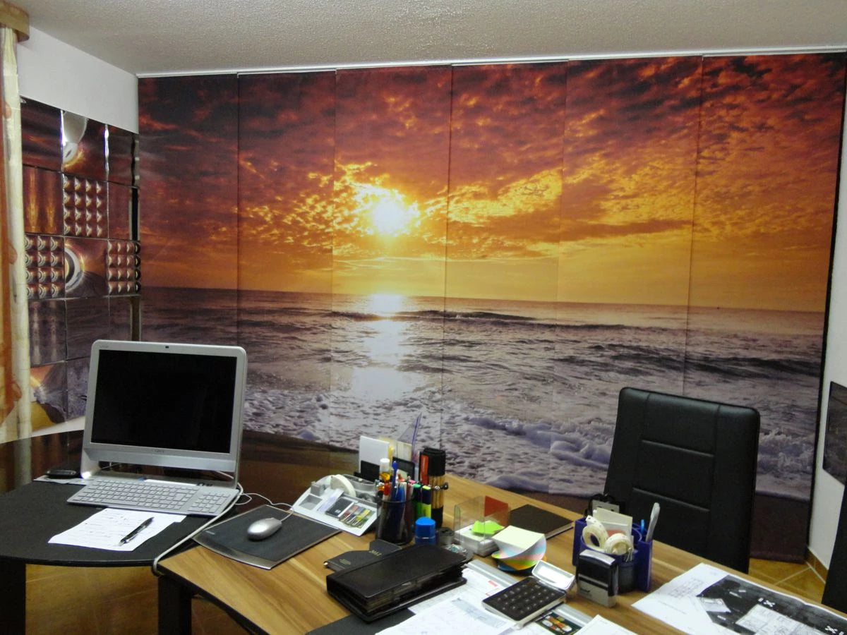 Schiebevorhang als Raumteiler mit Sonnenuntergang am Meer bedruckt Vorderseite im Büro