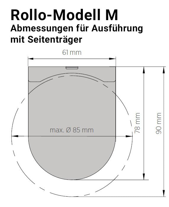 Abmessungen Rollo-Modell M mit Seitenträger