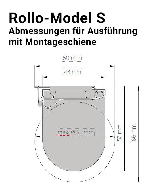 Abmessungen Rollo-Modell S mit Montageschiene