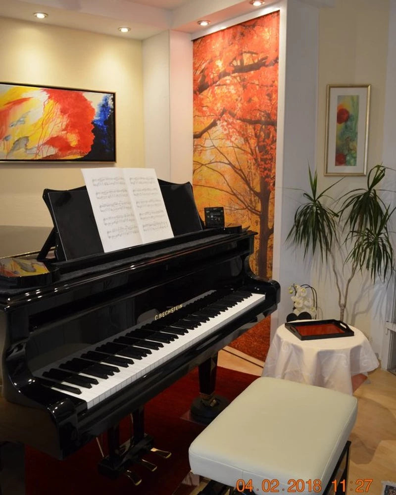 Musikzimmer mit Klavier mit schallabsorbierenden Foto-Schiebevorhang bedruckt mit Herbstmotiv am Fenster um die Raumakustik zu verbessern 