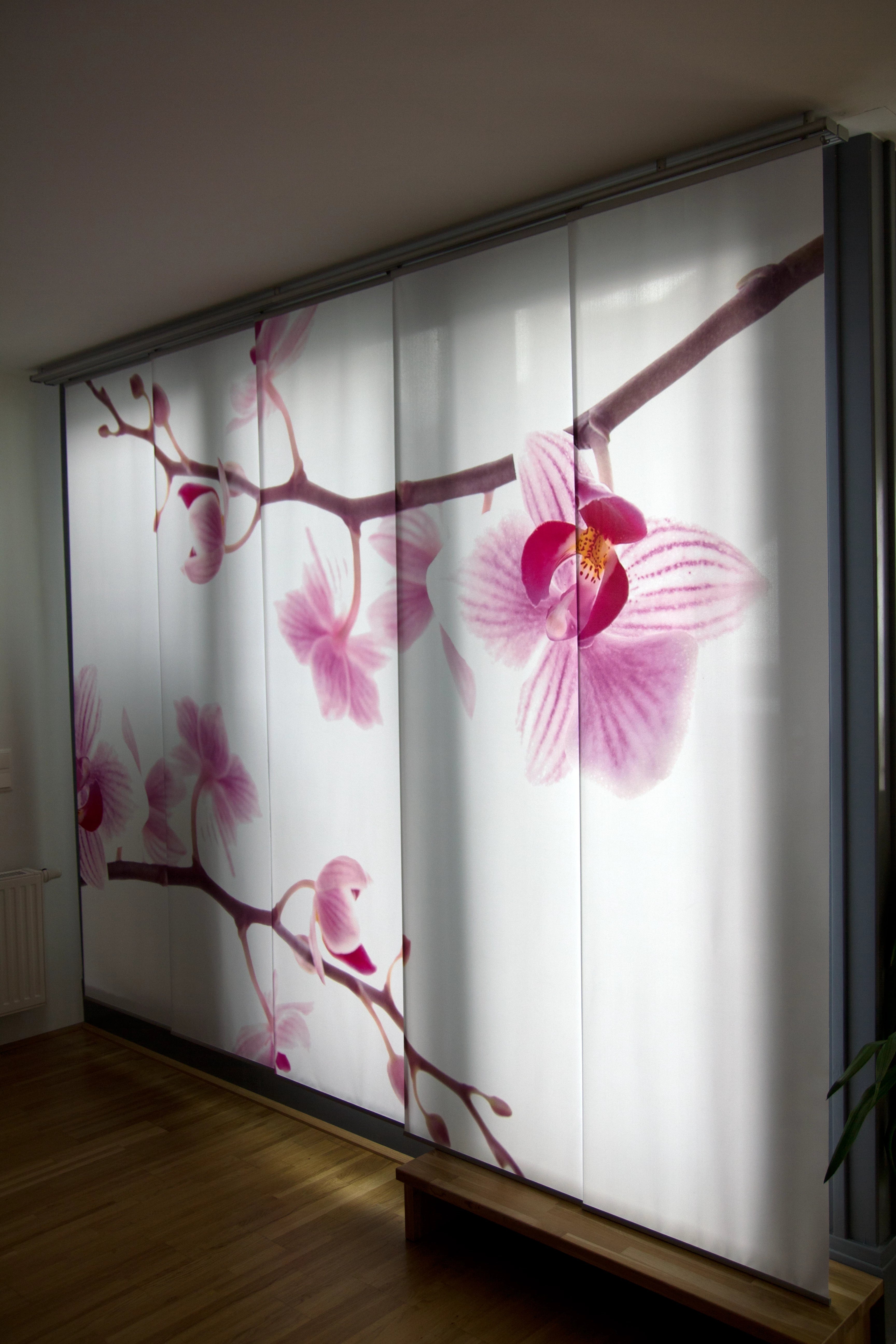 pinke Orchideen gedruckt auf Schiebevorhang im Wohnzimmer