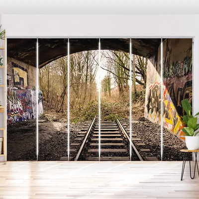 Schiebegardine Motiv Bahnschienen Endstation