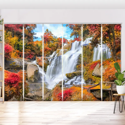 Schiebegardine Motiv  Herbstwald Mit Wasserfall