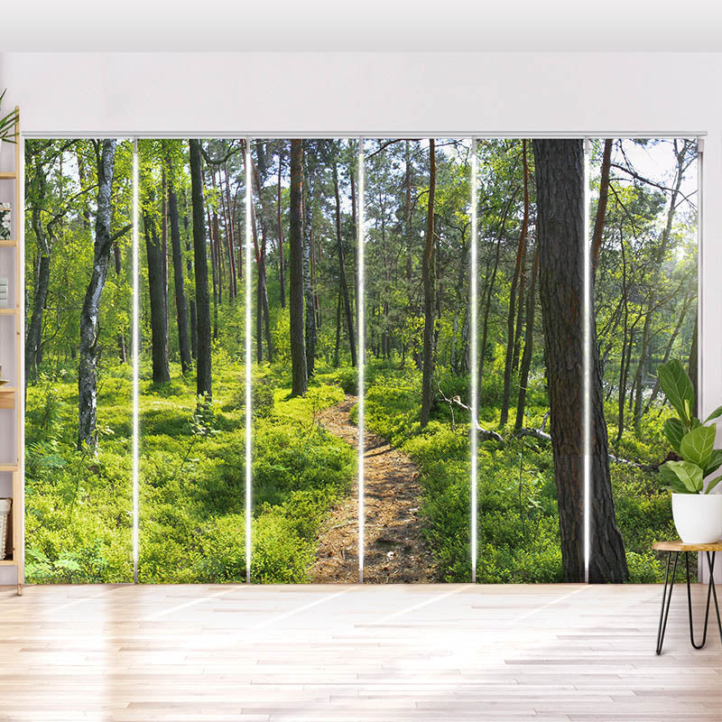 Schiebegardine Motiv "Wald Sonnenstrahlen Panorama"