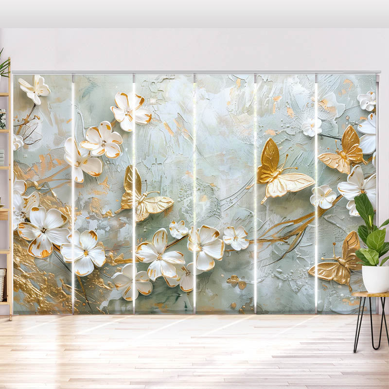 Schiebegardine Motiv Blumen mit Schmetterlingen Weiss Gold