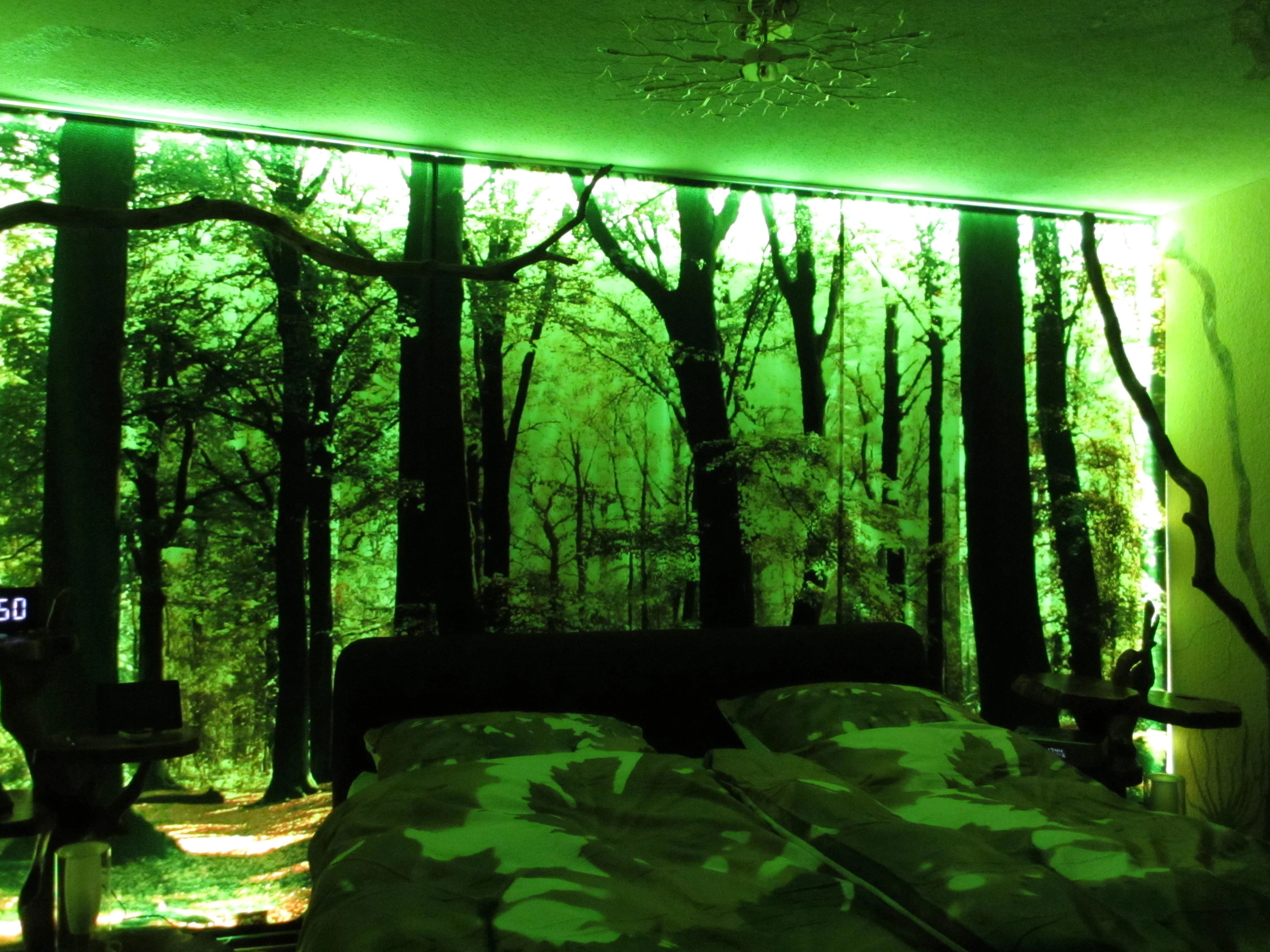 Schlafzimmer und hinter dem Doppelbett ist ein großer Schiebevorhang an der Wand. Dieser ist bedruckt mit einem Waldmotiv und wird mit grünem Licht angestrahlt