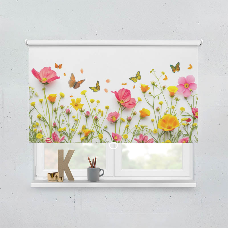 Plissee Motiv Blumen im Fruehling mit Schmetterlingen