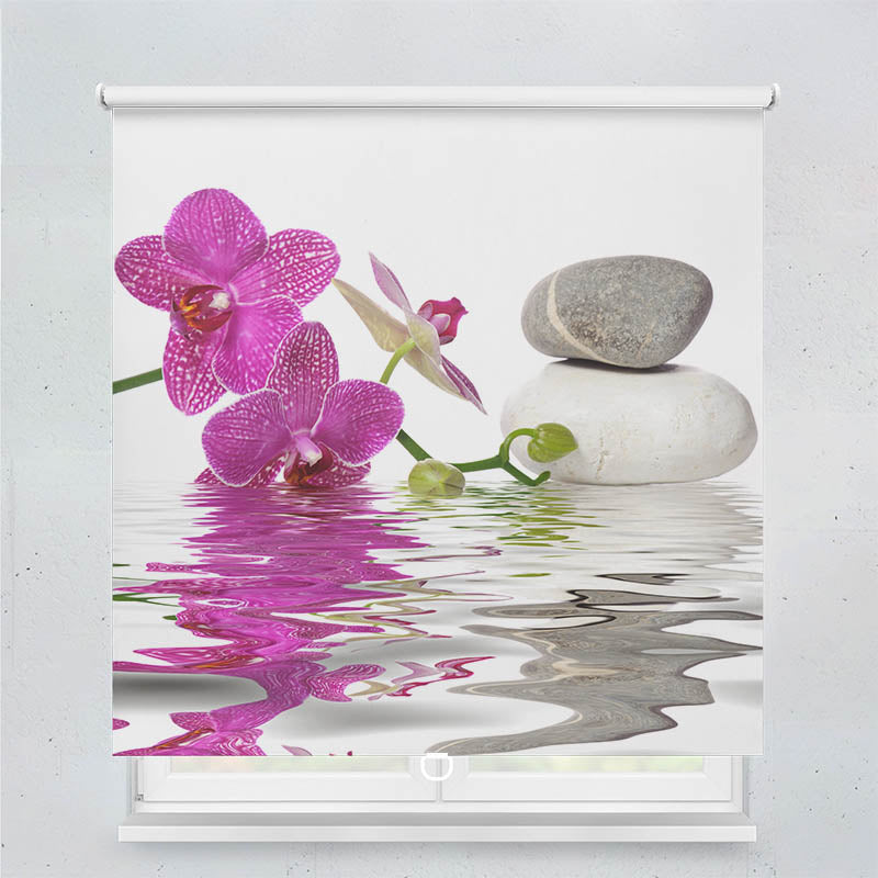 Plissee Motiv Wasser Orchidee Steine