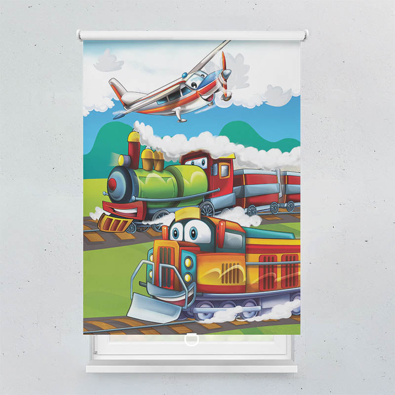 Plissee Motiv Eisenbahn und Flugzeug