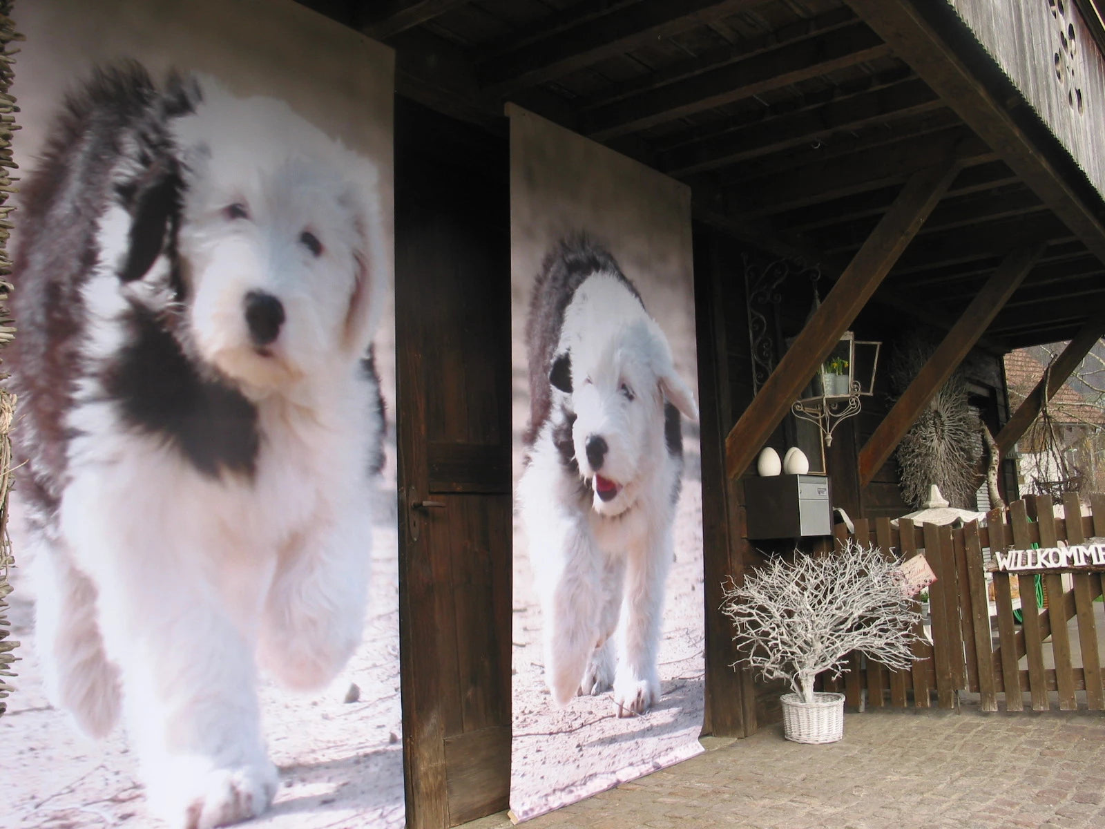 Stoffbanner mit dem Bild eines Hundes bedruckt im Garten als Wanddekoration 