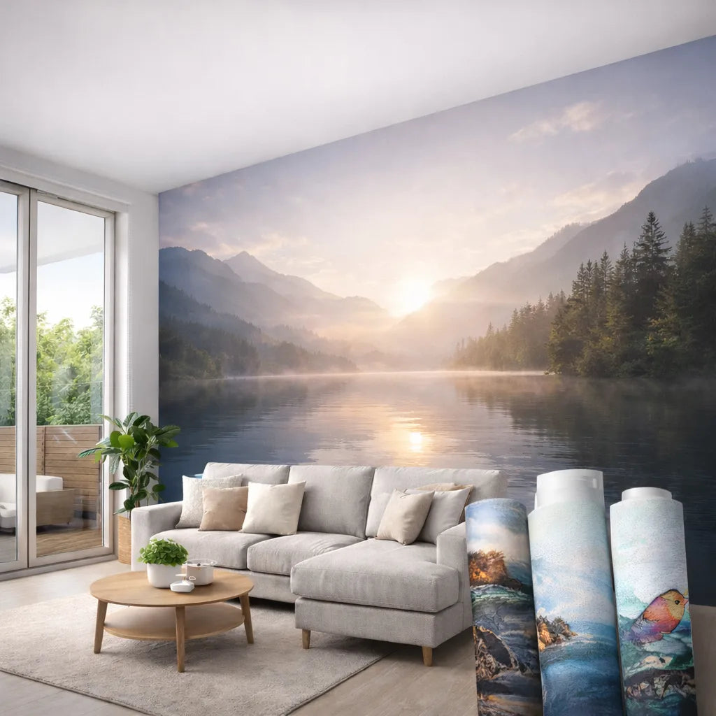 Tapete im Wohnzimmer mit Bergsee