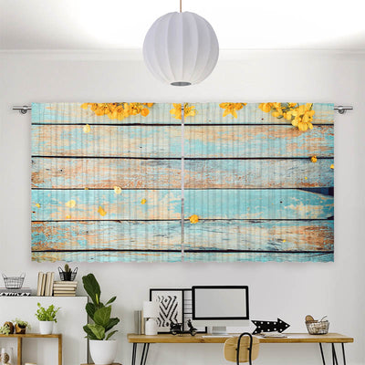 Vorhang Motiv Gelbe Blueten auf Vintage Holz