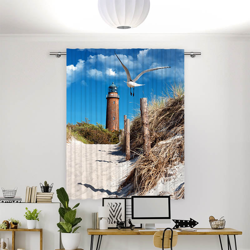 Vorhang Motiv Duene Leuchtturm Moewe