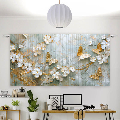 Vorhang Motiv Blumen mit Schmetterlingen Weiss Gold