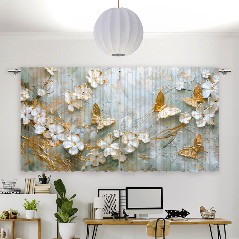 Vorhang Motiv Blumen mit Schmetterlingen Weiss Gold