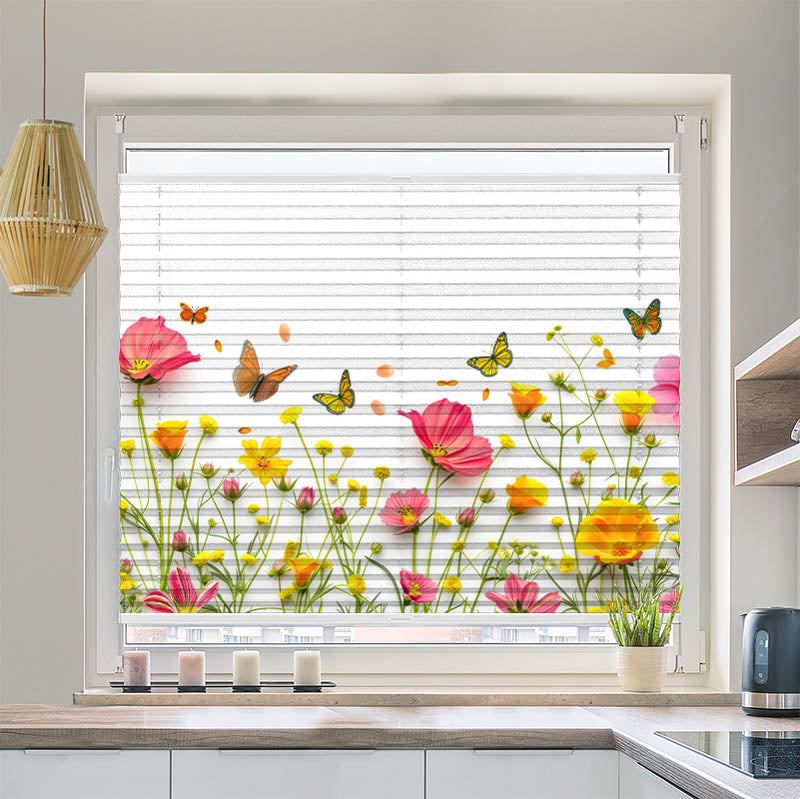 Wabenplissee Motiv Blumen im Fruehling mit Schmetterlingen