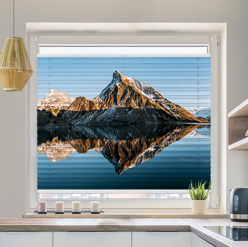 Wabenplissee Motiv Sonnenuntergang am Bergsee