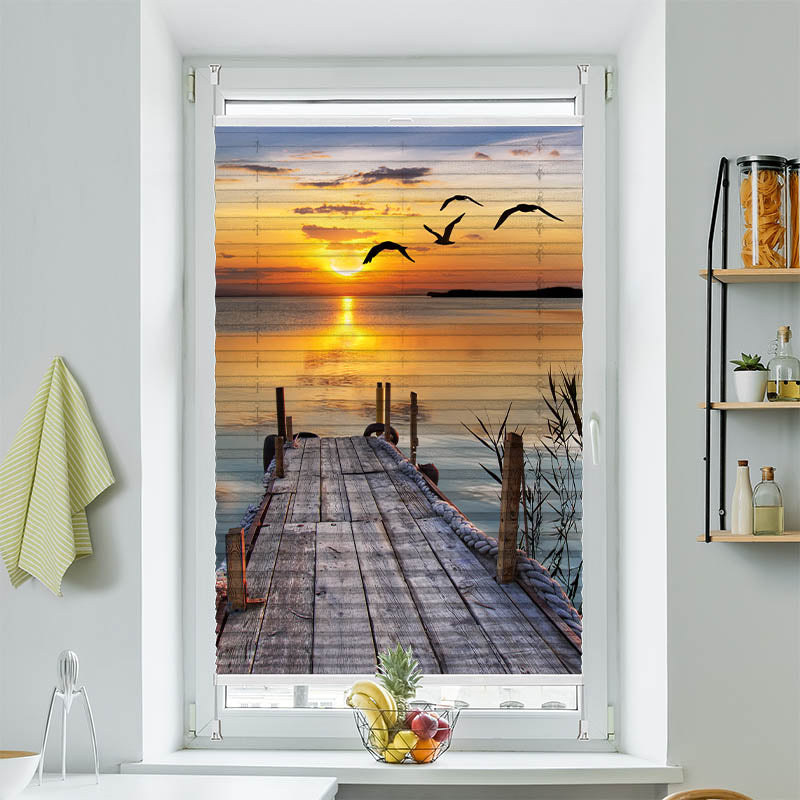 Wabenplissee Motiv See Steg Sonnenuntergang