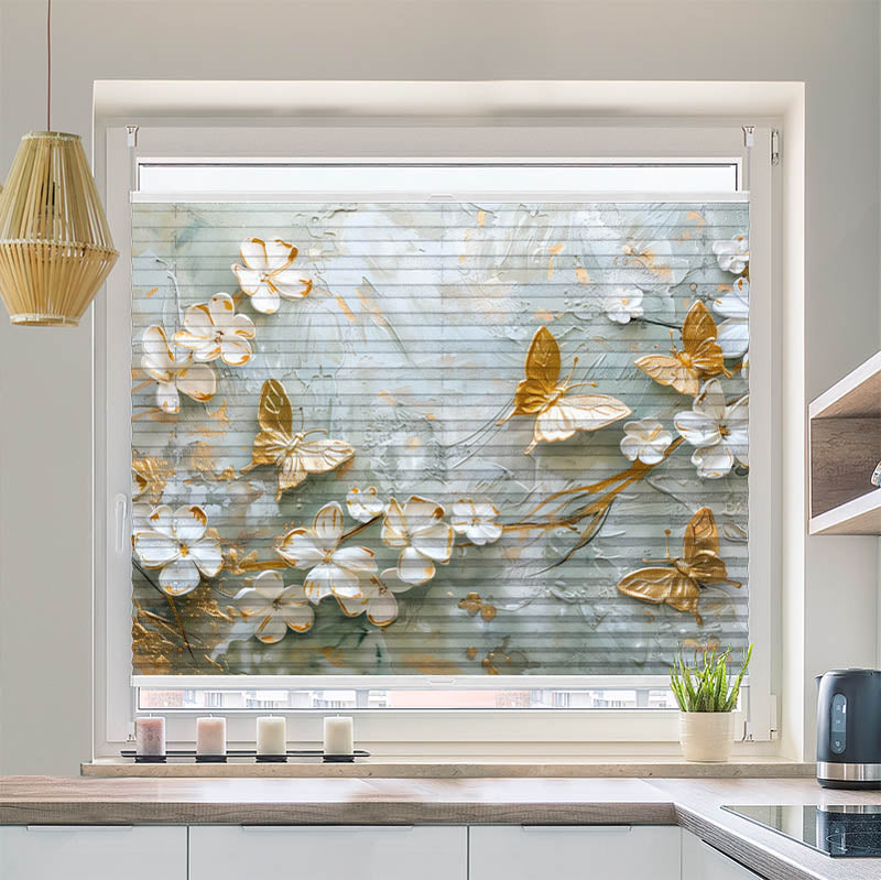 Wabenplissee Motiv Blumen mit Schmetterlingen Weiss Gold