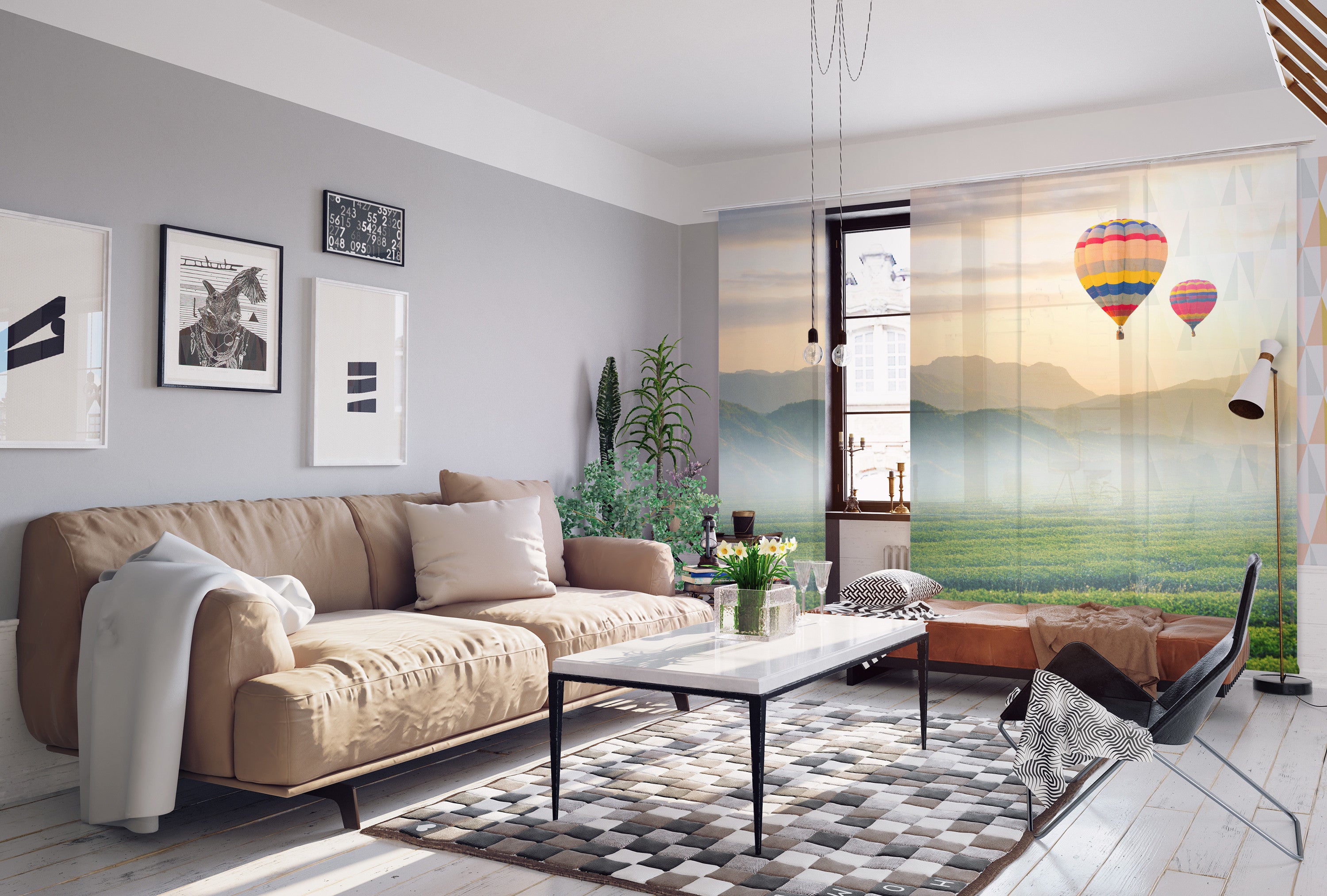 Schiebegardinen bedruckt mit Landschaft und Heissluftballon im Wohnzimmer