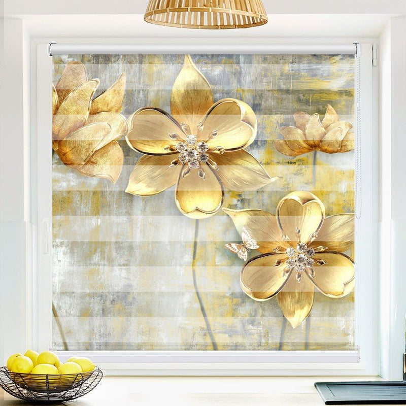 Klemm Doppelrollo "Blumen gold" - ohne Bohren - Klemmfix - bis 150 cm Breite - Duo Rollo Fotodruck - La-Melle