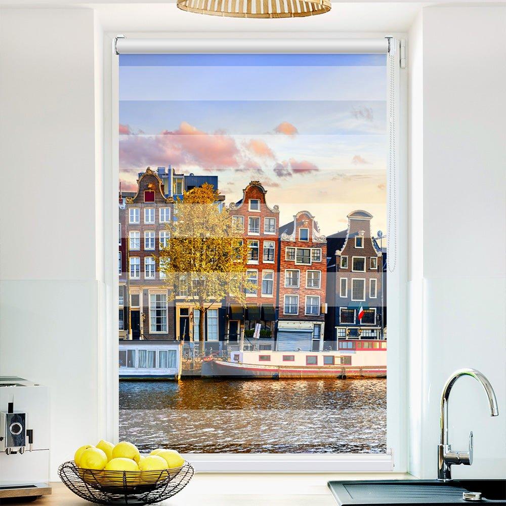 Klemm Doppelrollo "Amsterdam Gracht" - ohne Bohren - Klemmfix - bis 150 cm Breite - Duo Rollo Fotodruck - La-Melle