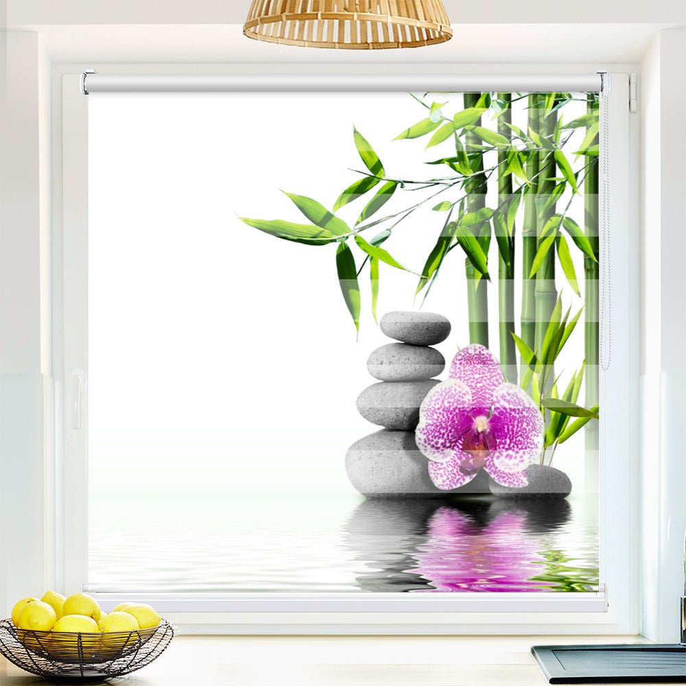 Klemm Doppelrollo "Bambu Wasser Steinturm Orchidee" - ohne Bohren - Klemmfix - bis 150 cm Breite - Duo Rollo Fotodruck - La-Melle