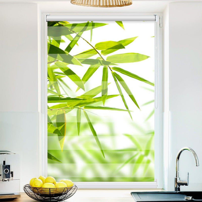 Klemm Doppelrollo "Bambusblätter " - ohne Bohren - Klemmfix - bis 150 cm Breite - Duo Rollo Fotodruck - La-Melle