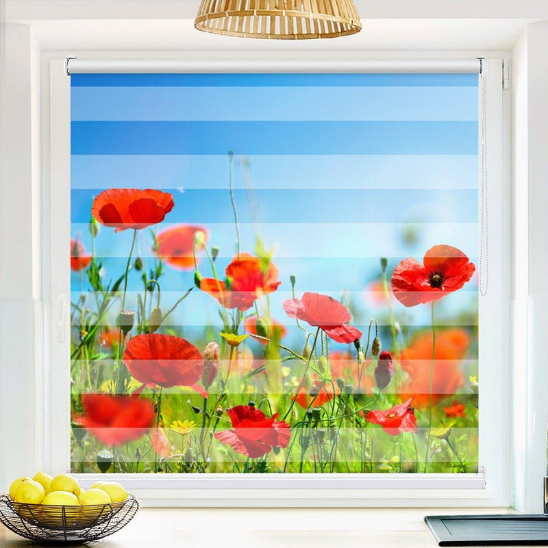 Klemm Doppelrollo "Mohnfeld Blumenwiese" - ohne Bohren - Klemmfix - bis 150 cm Breite - Duo Rollo Fotodruck - La-Melle