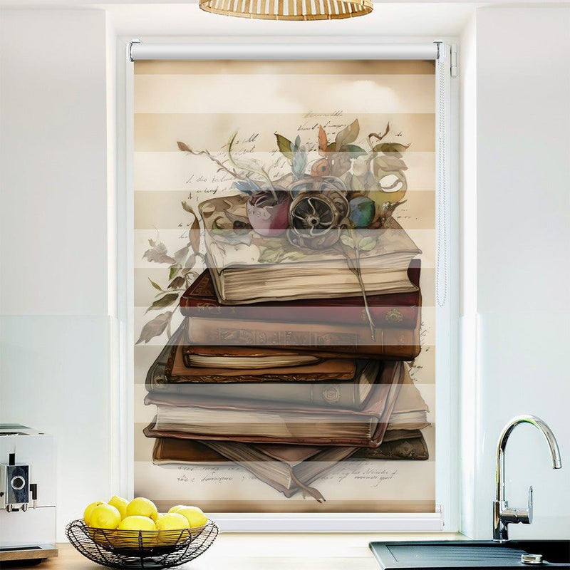 Klemm Doppelrollo "Bücher Stapel" - ohne Bohren - Klemmfix - bis 150 cm Breite - Duo Rollo Fotodruck - La-Melle