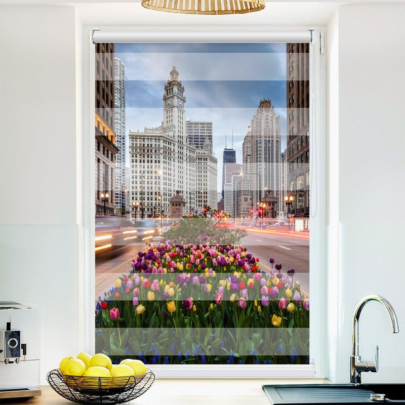 Klemm Doppelrollo "Chicago Tulpen" - ohne Bohren - Klemmfix - bis 150 cm Breite - Duo Rollo Fotodruck - La-Melle