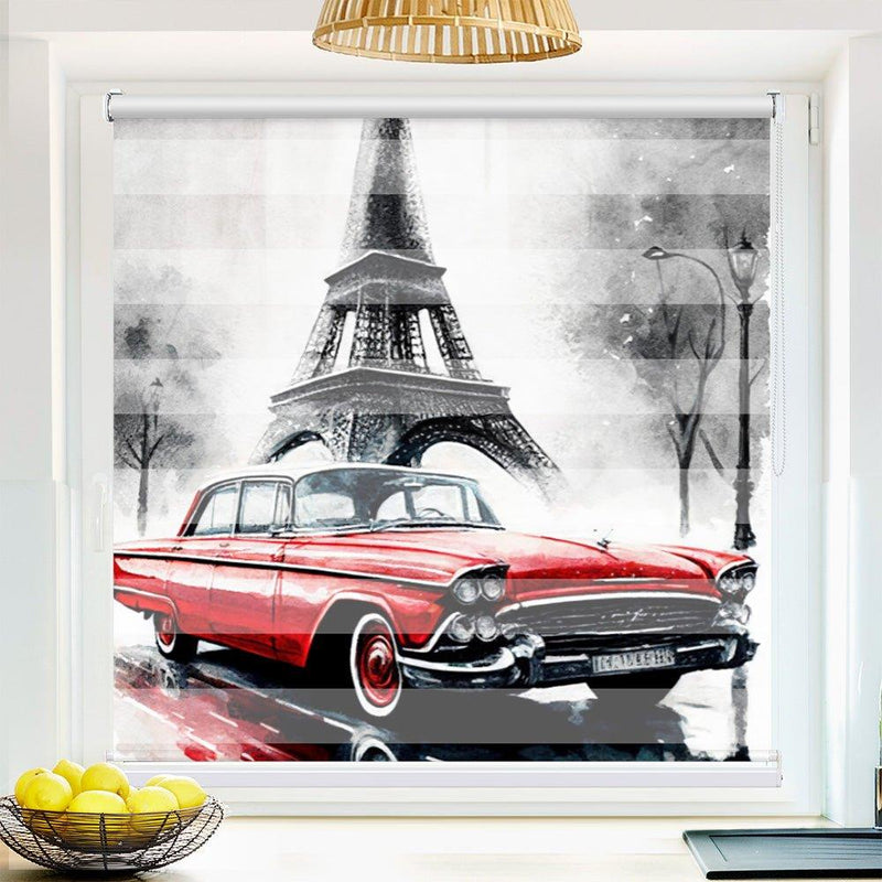 Klemm Doppelrollo "Eifelturm Cadillac" - ohne Bohren - Klemmfix - bis 150 cm Breite - Duo Rollo Fotodruck - La-Melle