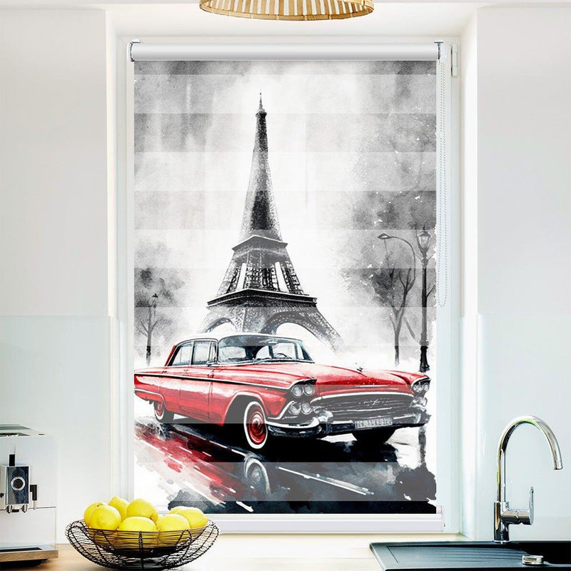 Klemm Doppelrollo "Eifelturm Cadillac" - ohne Bohren - Klemmfix - bis 150 cm Breite - Duo Rollo Fotodruck - La-Melle